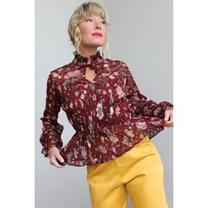 1970's Vintage Victorian Style Pleated Burgundy Floral Blouse ~ Women's MD LG